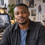 AI-generated portrait of Daniel Okoye, a fictional game concept illustrator