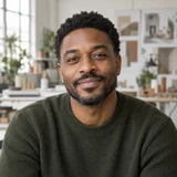 AI-generated portrait of Marcus Reed, a fictional interior concept artist