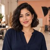 AI-generated portrait of Sofia Alvarez, a fictional brand photographer