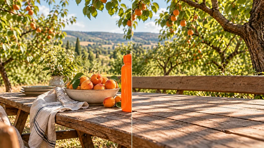 One orchard picnic table with the original orange bottle on the left and the object removal edit on the right