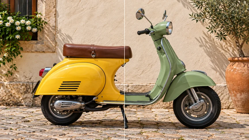 One vintage scooter with original yellow paint on the left and edited sage green paint on the right