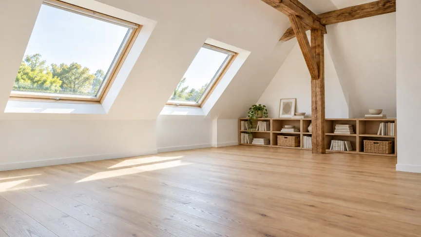 Empty attic before and after furnishing it as a creative studio