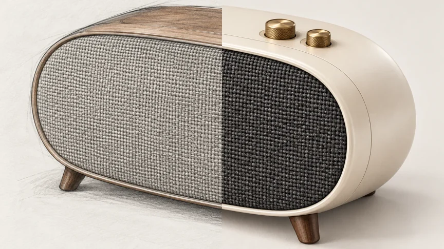 Oval desktop speaker sketch and its ivory, brass and walnut product render