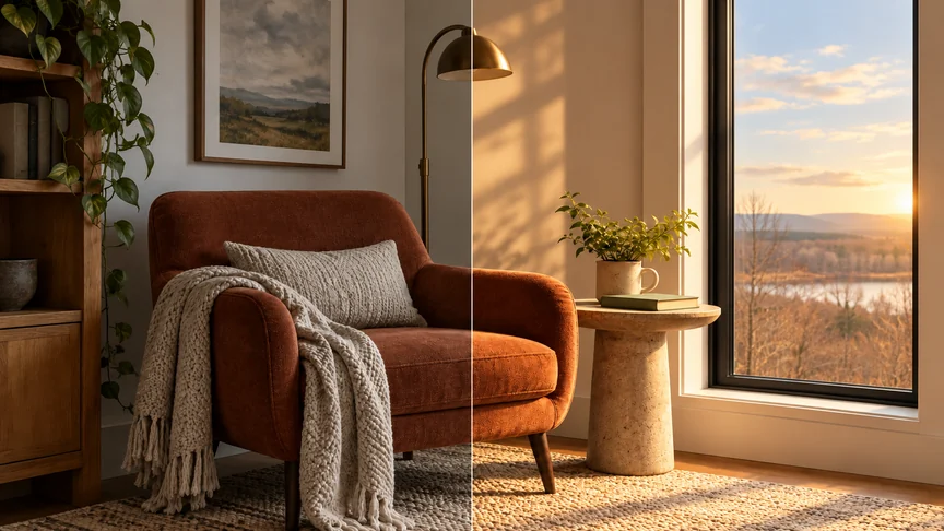 One reading nook with cool overcast light on the left and warm morning light on the right
