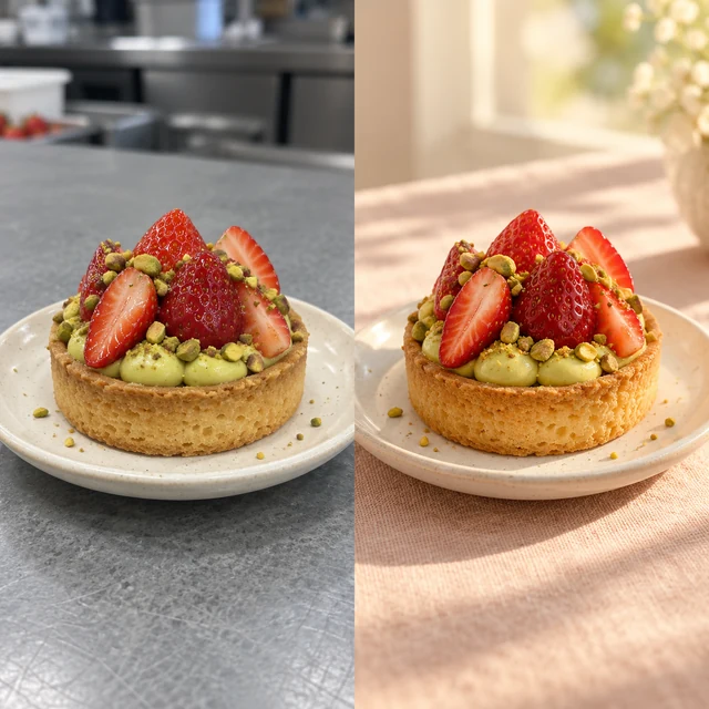 Before and after concept: the same strawberry tart on a gray cafe counter and on peach linen in soft window light
