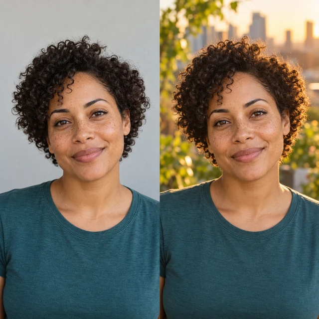 Before and after concept: the same woman in a teal shirt against a gray wall and in a rooftop garden at golden hour