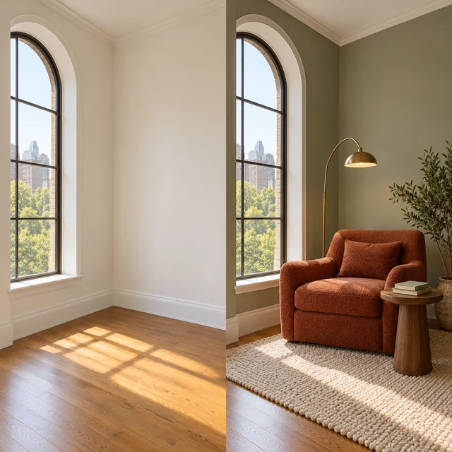 Before and after concept: an empty apartment corner reimagined as a reading nook with a rust-colored chair and sage walls