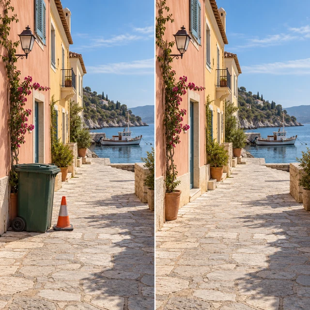 Before and after concept: a seaside village path with a waste bin and traffic cone, then the same view with both distractions removed
