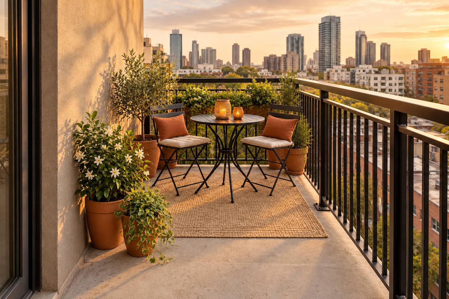 The same balcony refreshed with greenery, warm cushions, a woven rug and softer afternoon light