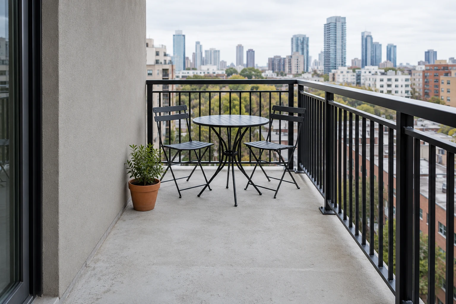 A modest city balcony with a black bistro table, two chairs and a small terracotta planter in cool daylight