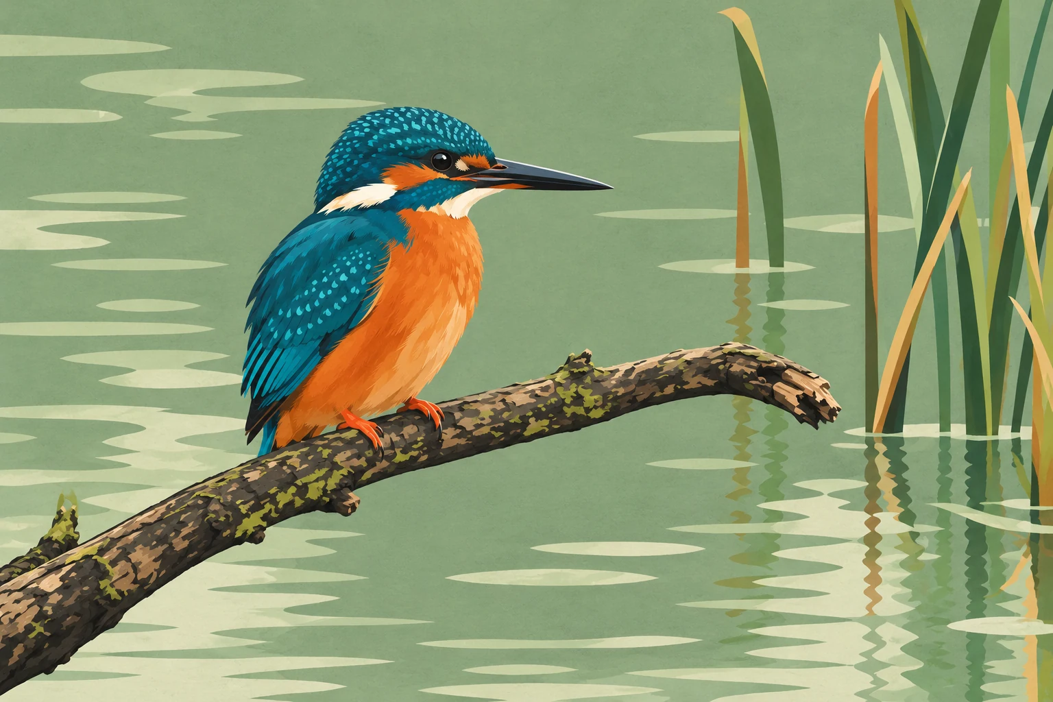 The same kingfisher and branch reinterpreted as a flat teal-and-orange editorial illustration
