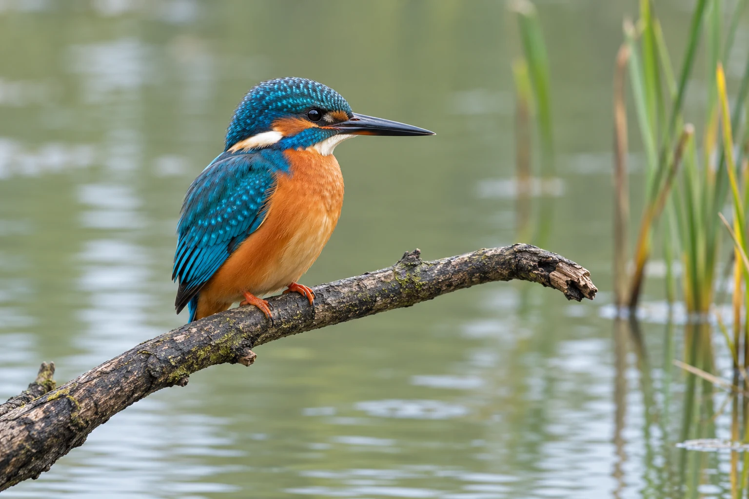 Teal-and-orange kingfisher perched on a curved branch above pale green water