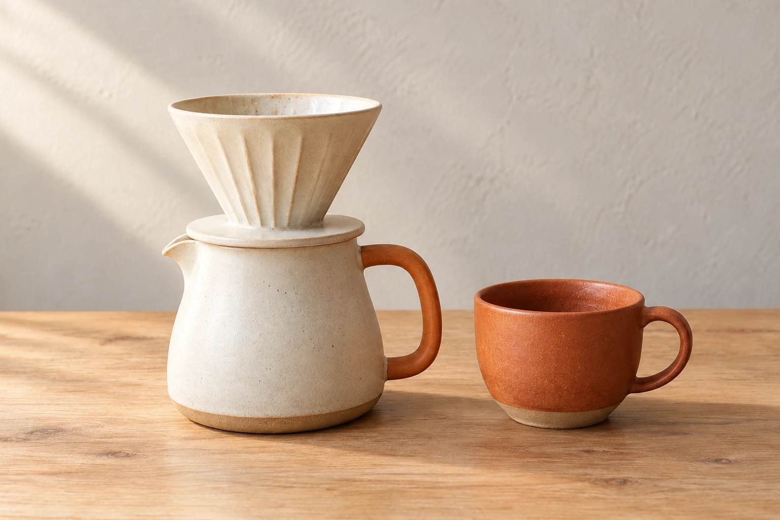The same handmade ceramic coffee set with refined directional light and warm-neutral color