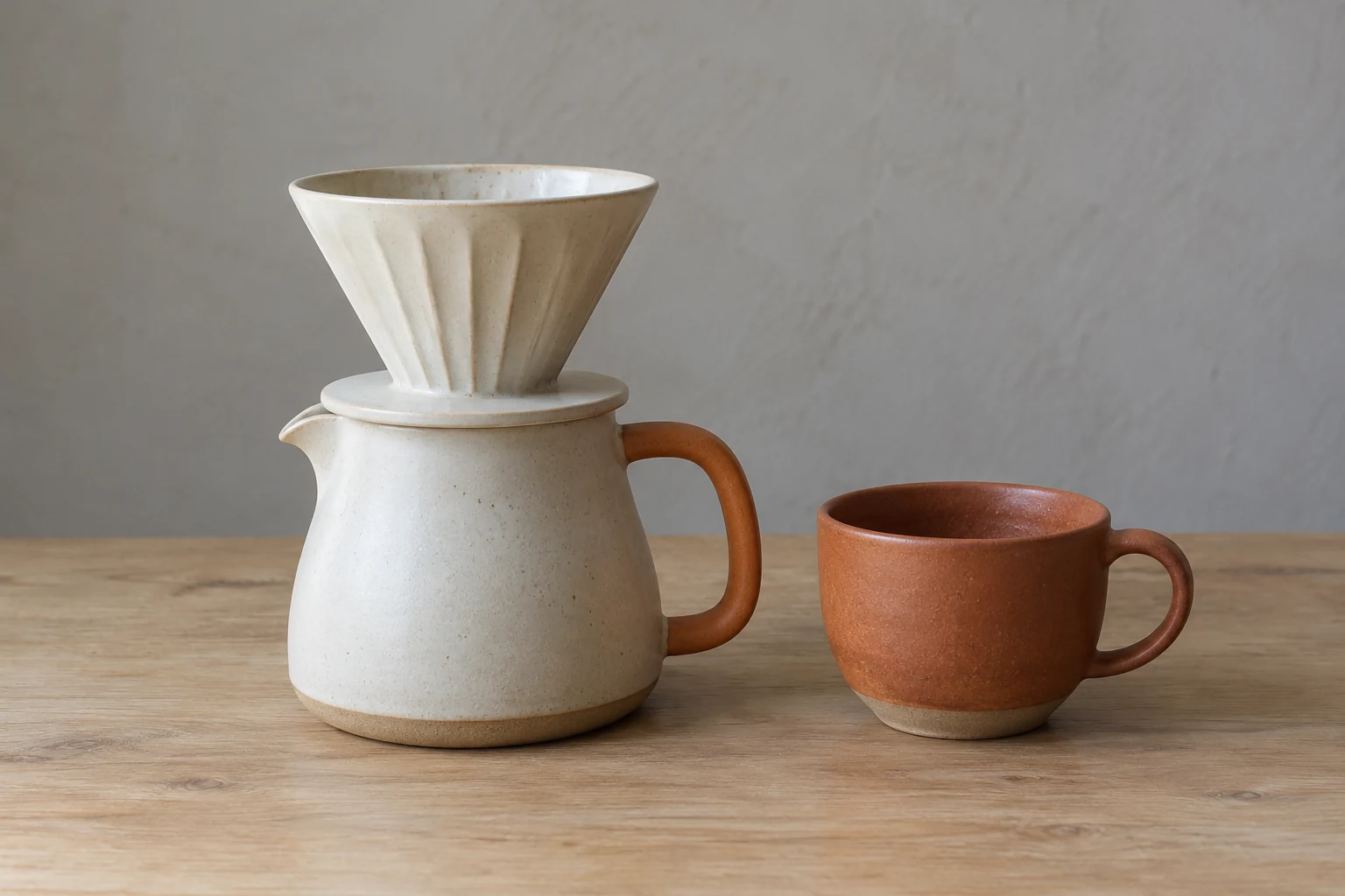Handmade ivory coffee dripper and server with a burnt-orange handle beside a rust-orange cup under subdued indoor light