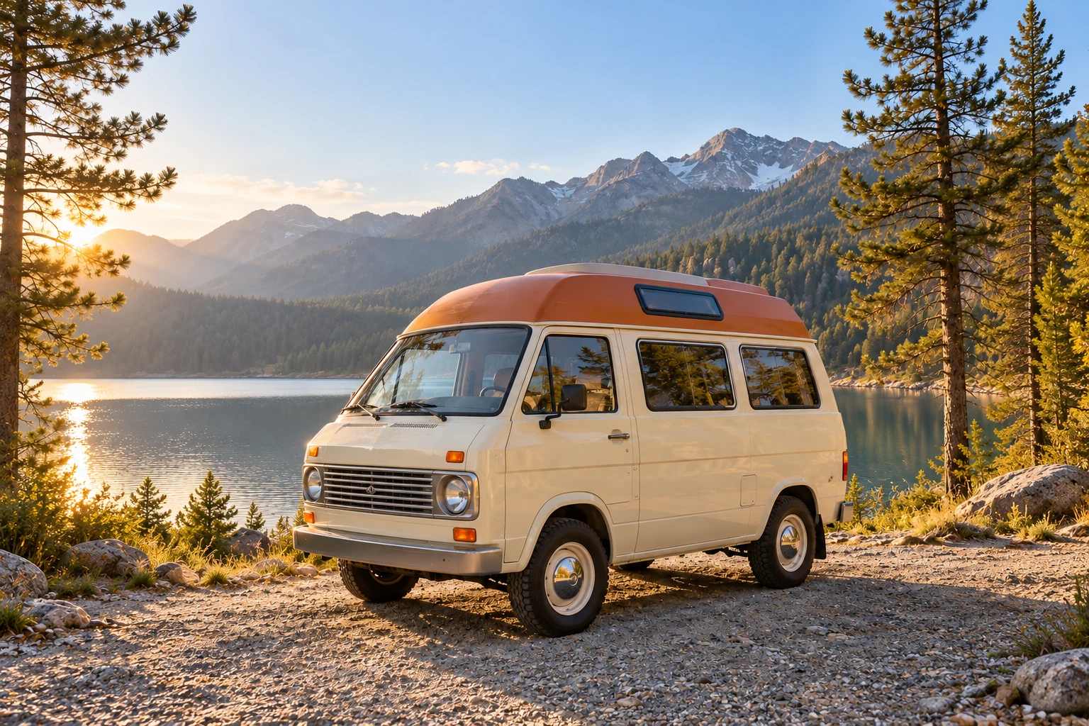 Wider landscape view of the same camper van and lake with additional scenery at both sides
