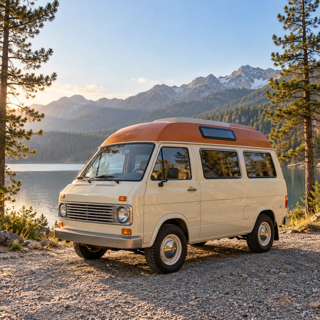 Square travel photograph of a cream camper van with an orange roof beside a mountain lake