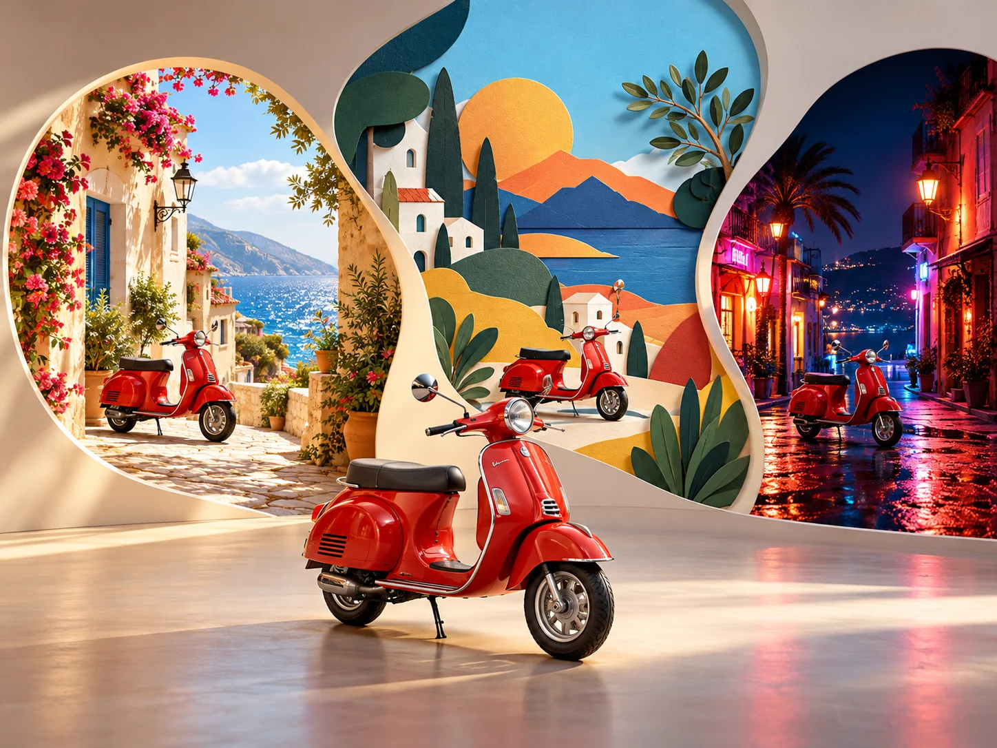 A red scooter explored across three distinct creative worlds