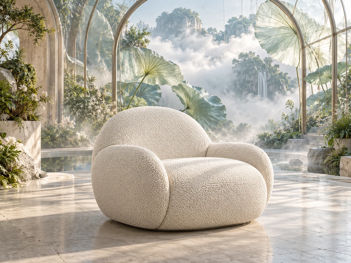 An ivory lounge chair transformed into a dreamlike botanical setting