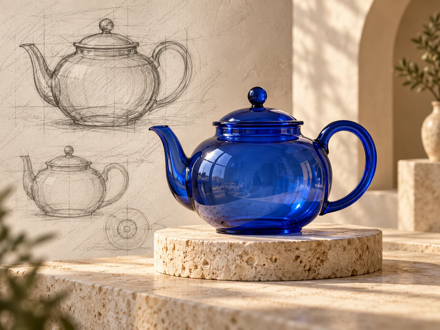 A cobalt glass teapot developed from graphite concept sketches