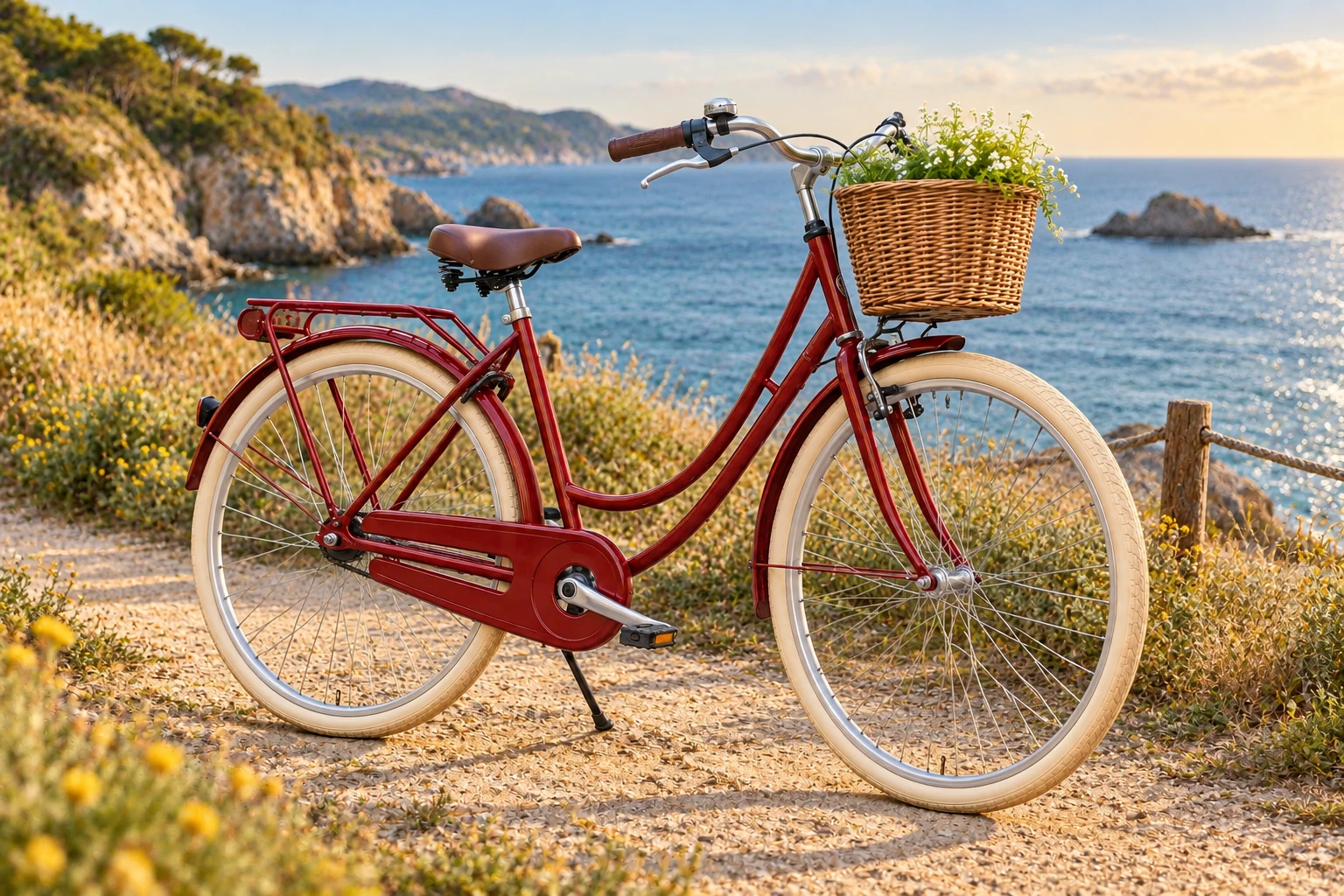 The same red bicycle and wicker basket on a sunlit coastal path