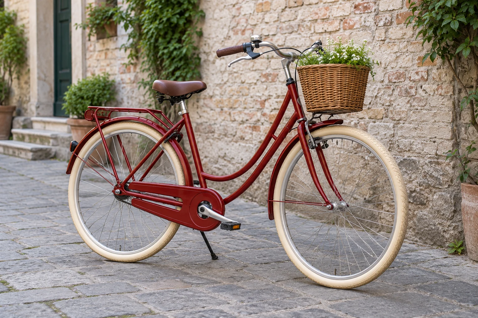 Deep-red step-through bicycle with a wicker basket parked by a pale brick wall