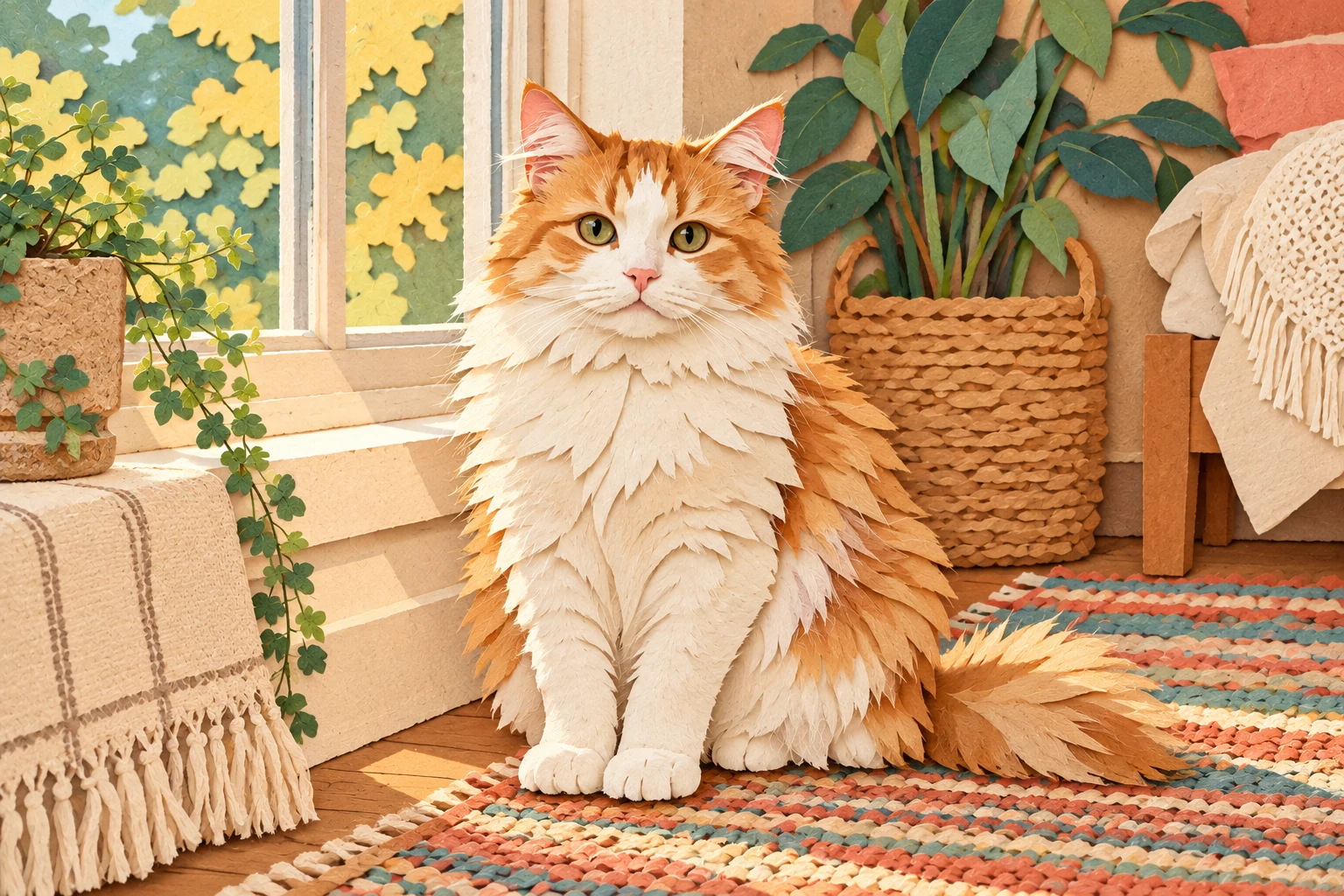 The same white-and-ginger cat reimagined as a layered paper-cut illustration