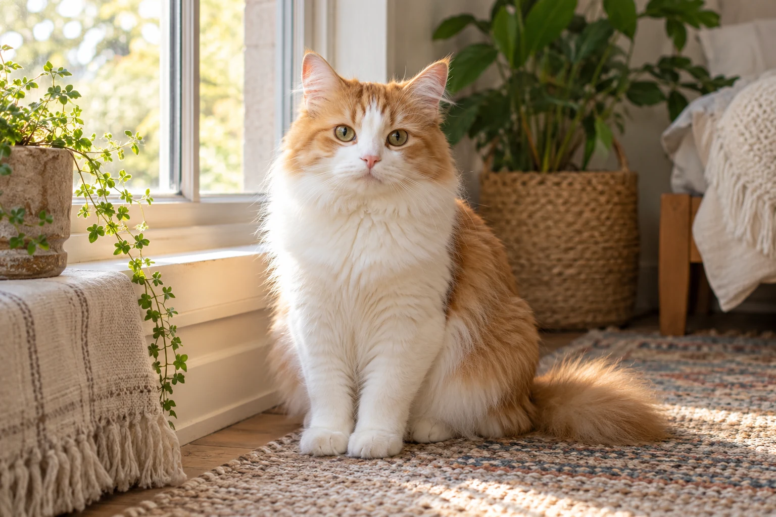 Fluffy white-and-ginger cat sitting beside a softly lit home window