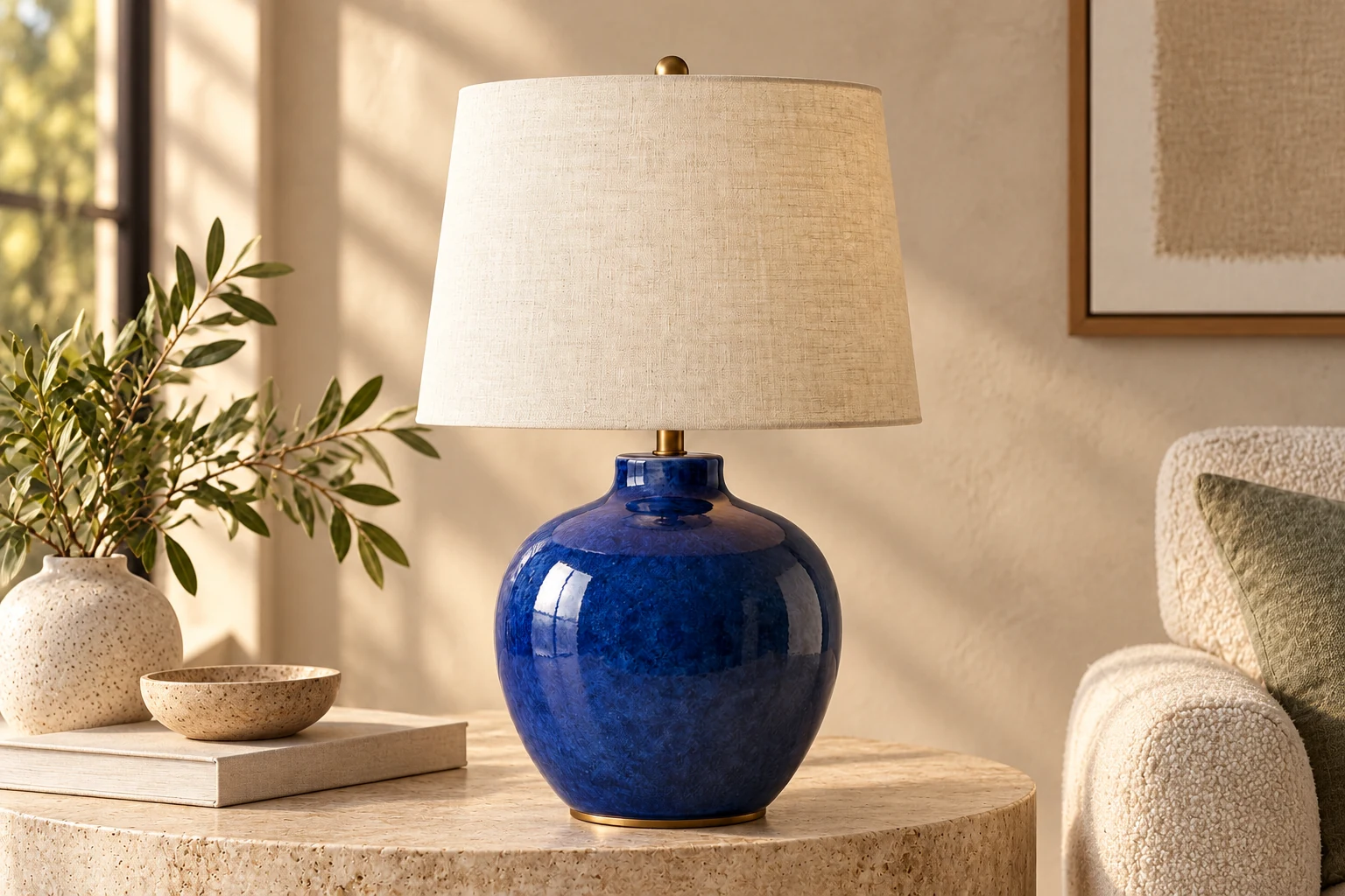 The same cobalt ceramic lamp styled on a travertine table in a warm interior