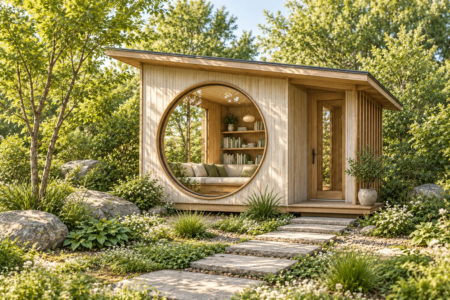 Photorealistic garden pavilion concept following the sketch's circular window and sloped roof