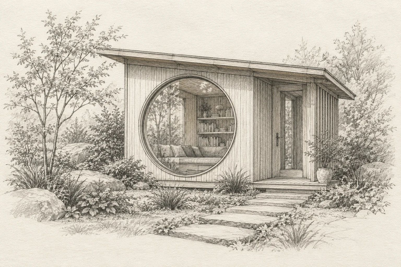 Graphite sketch of a small garden pavilion with a circular window and sloped roof