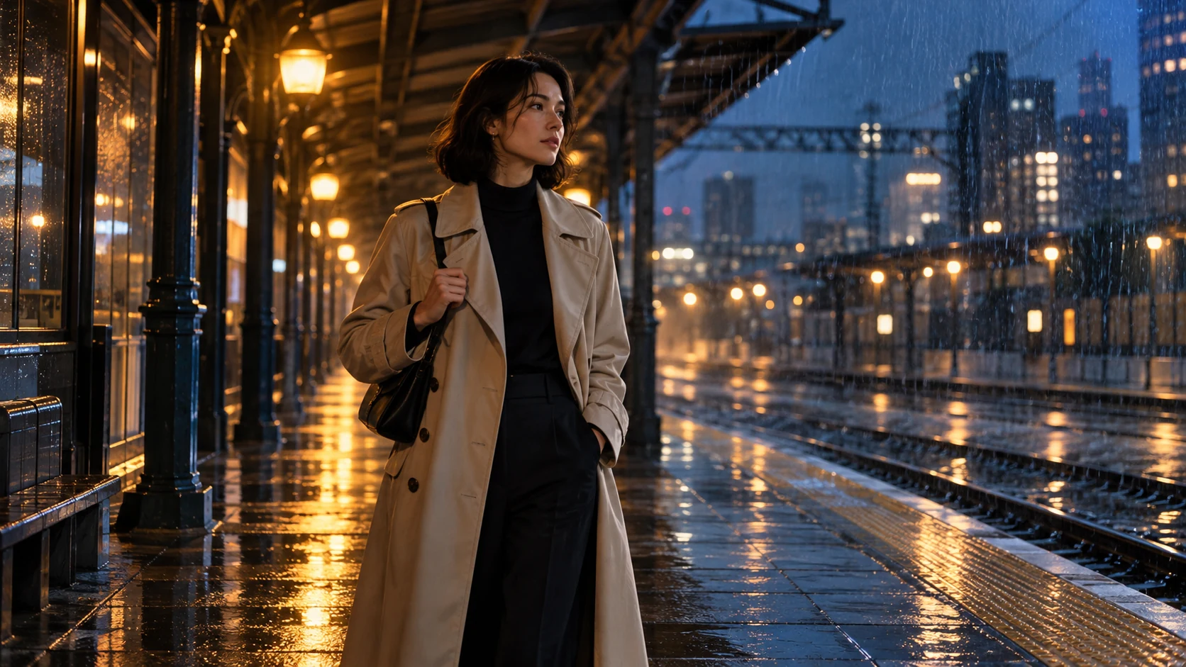 Adult woman with a dark bob and cream trench coat waiting on a rain-soaked urban platform, with warm lamps reflected on wet tiles.