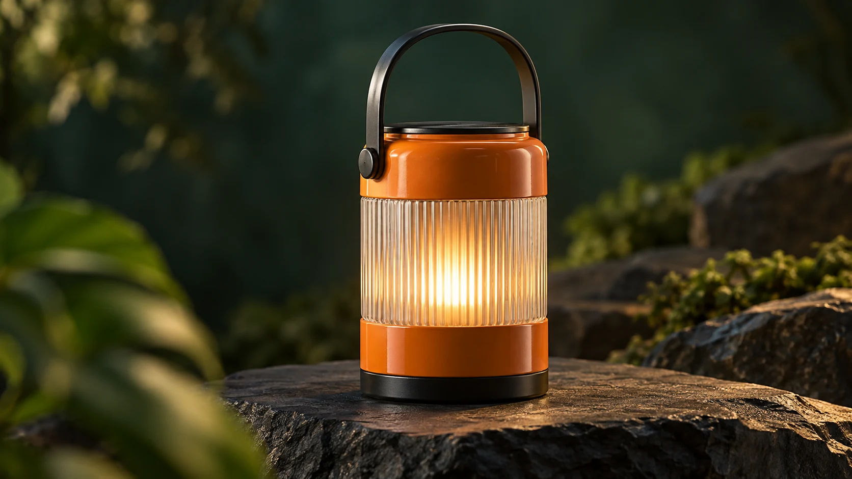 Unbranded orange camping lantern with a black handle and ribbed diffuser on a dark stone plinth.